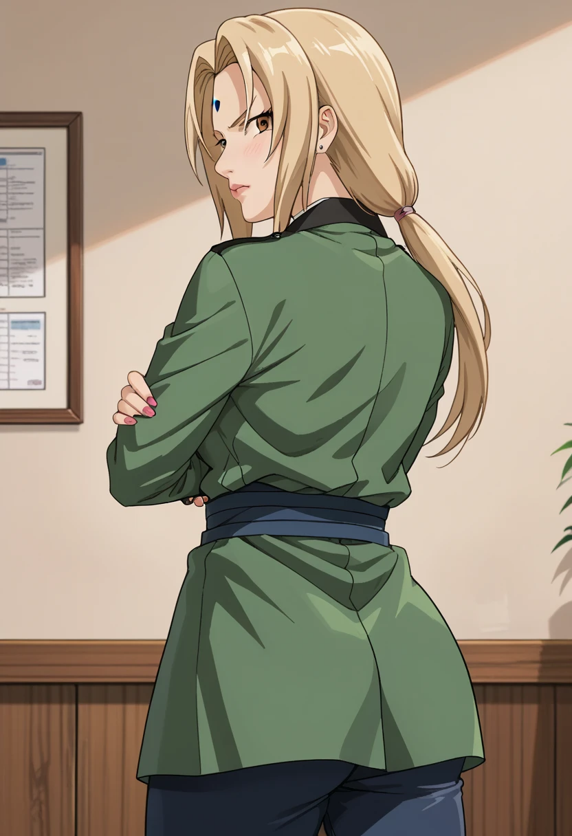 T5un4d3, marcas,Tsunade, ((desnuda, sexy,))((( posing for the photo))(((professional model)))、8K, 1 girl, ( Masterpiece:1.4),(Superior image quality:1.4),( shiny leather),Tsunade_Senju、 furious、 big thighs、big ass, Hokage , crossed arms,  looking to the side , beautiful pussy, from behind, sex