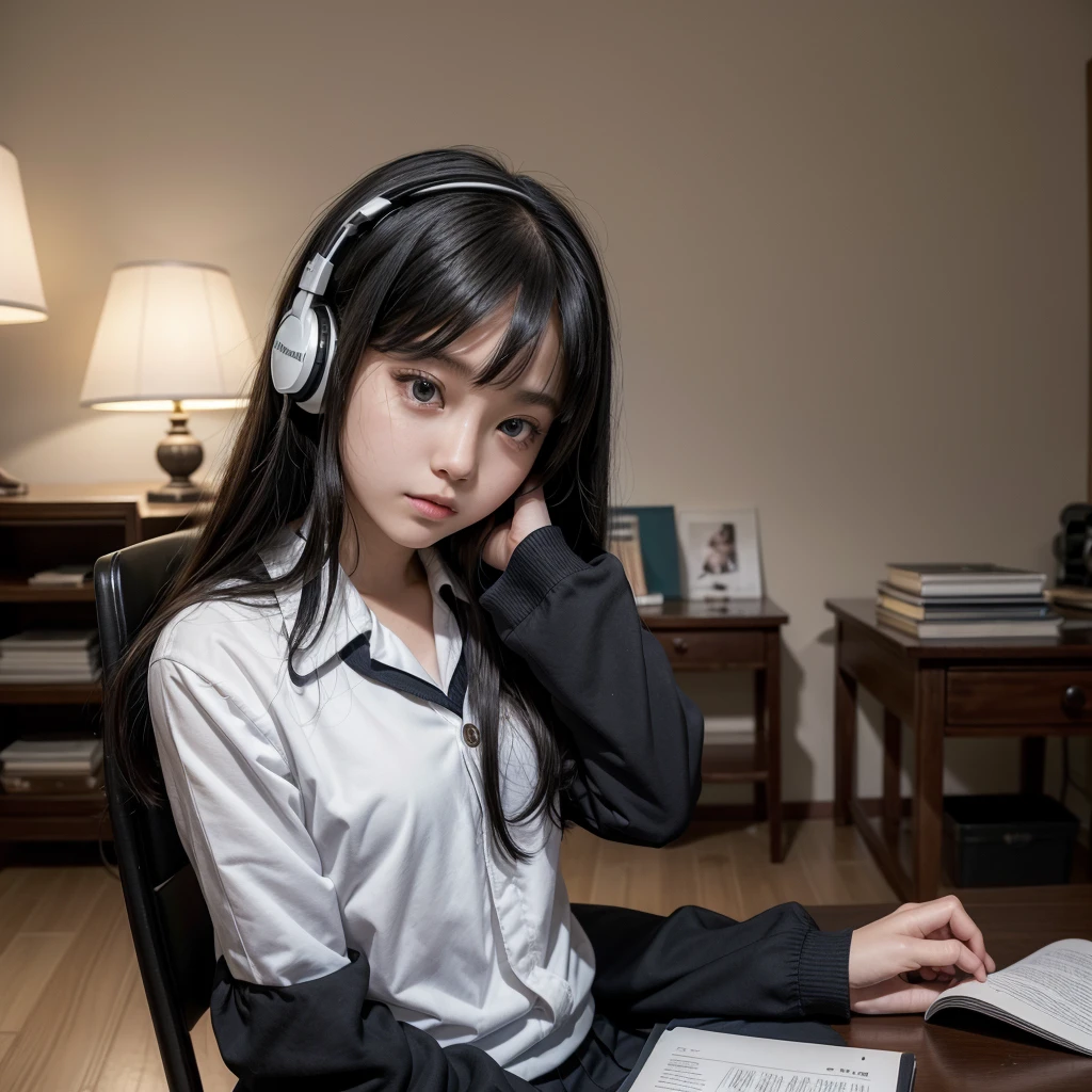 High school girl Retro cafe Japanese girl in her 20s listening to music with earphones Sad profile