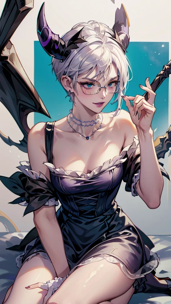 8k, masterpiece, best quality, highly detailed, 1 girl, tiefling, warlock, multicolored hair, very short straight hair green highlight hair on white hair, strippled hair, wearing glasses, round glasses, earrings, long dress with side cut, lace dress, red eyeshadow, long eyelashes,navel piercing, blushed cheek, necklace, collarbone, high heels, mole, glamorous, purple and teal clothing, villainy, smirk, seductive face, close up view, ring on fingers, looking at viewer, standing, demon horns, solo, full blue moon, hand touching cheek, chruch, black lace gloves, wearing veils.