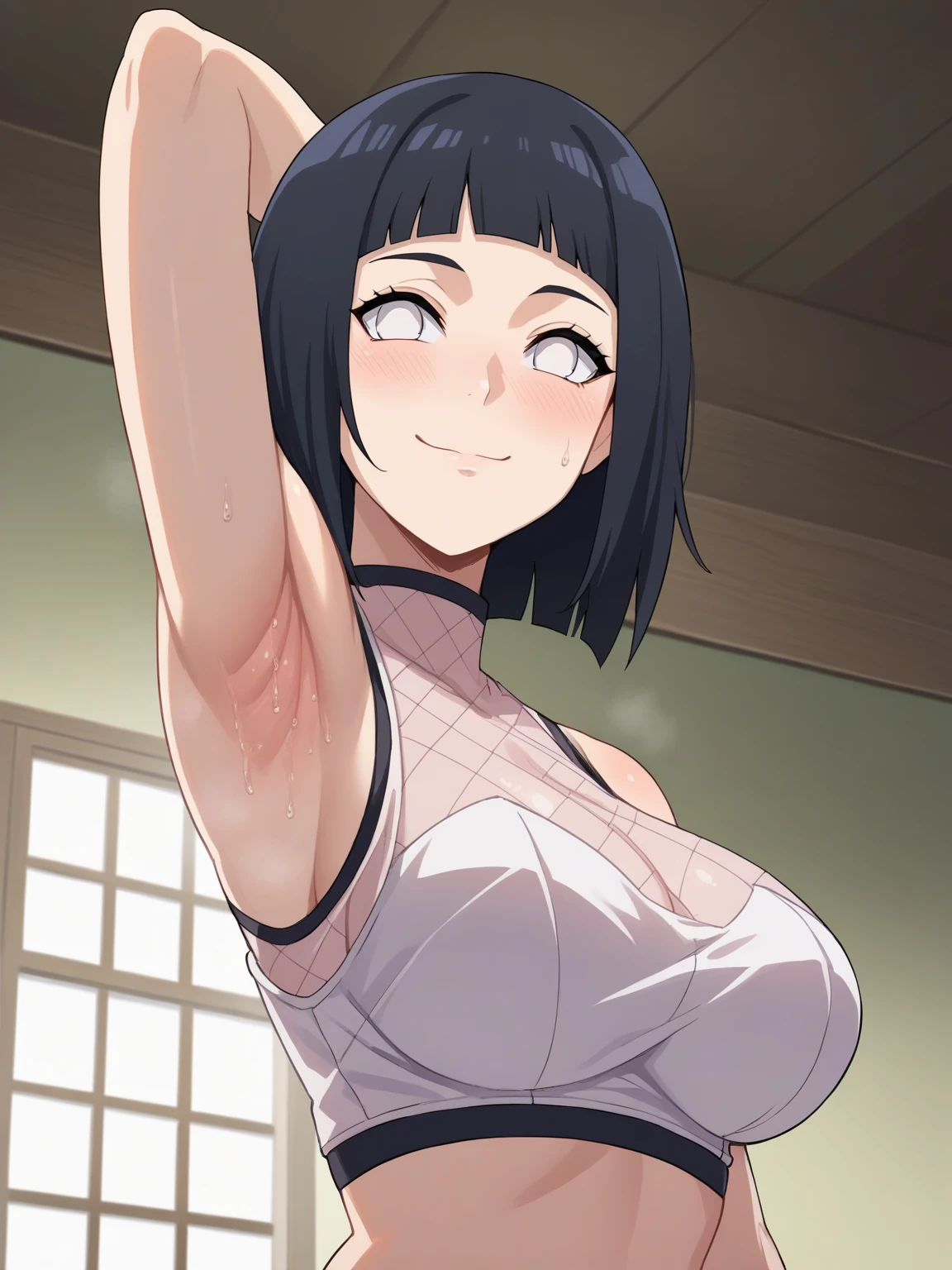 score_9, score_8_up, score_7_up, source_anime, anime screencap, 1girl, solo, Hinata Hyuga, no pupils, white eyes, black hair, short hair, blunt bangs, large breasts, forehead protector, fishnet top, crop top, sleeveless, arm behind head, armpit, looking at viewer, head towards viewer, smile, badhandv4, indoors, blush, bare shoulders, bare arms, from side, from below, closed mouth, sweaty armpits