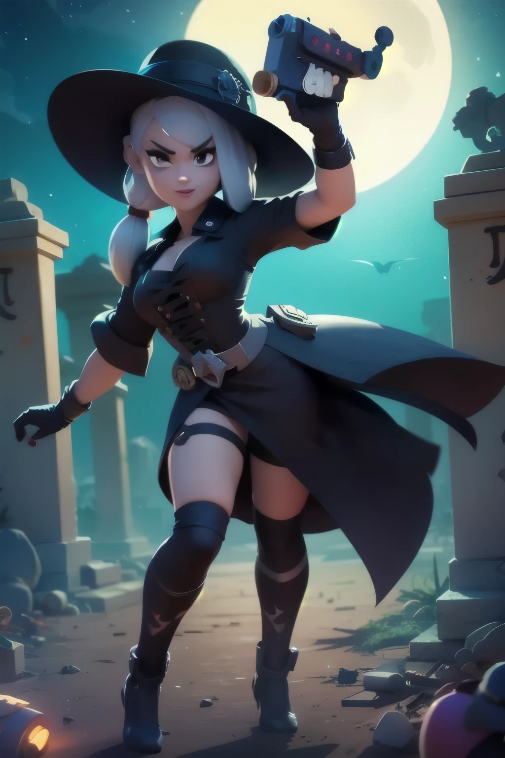 a full body close up of a person holding a gun and a flashlight, (( A hot vampire girl, woman in medieval black dress, HOT BODY, on cemitery under the moonlight.)) , brawl stars, splash art brawlstars, epic art style, blaster fire bright as neon, game character, in game style 8k, merged character, fortnite art style, stylized character, holding a blaster, slick clammy skin, clash royal style characters, mobile game style, new character