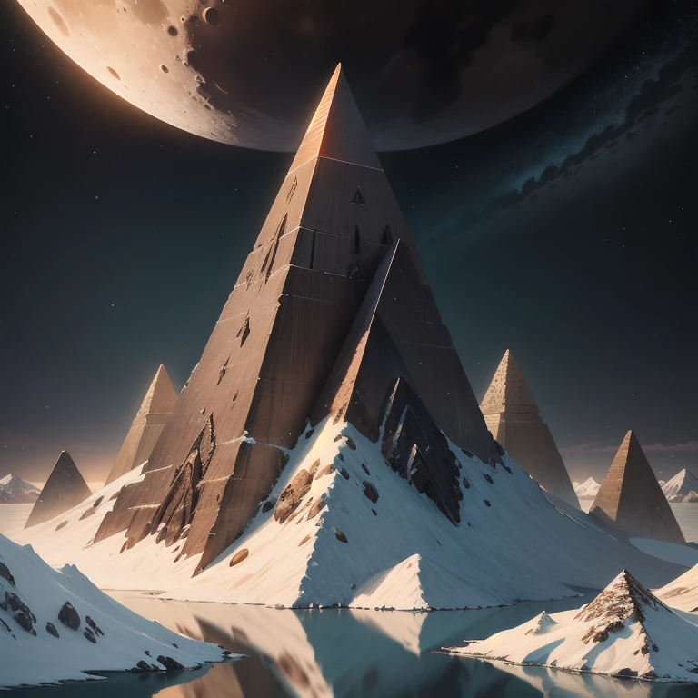  Snow-capped mountains and a lake with a huge pyramid in the center .The moon at the top of the mountain , fantasy, A huge Saturn  , Digital art , epic mesmerizing landscape  !