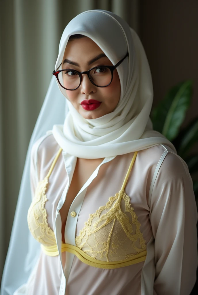 (iu:0.8),((massive breast)), chubby, RAW, Best quality, high resolution, Masterpiece: 1.3, Beautiful glasses javanese woman in translucent hijab, Masterpiece, Perfect slim body, Beautiful big eyes, Soft smile, harem