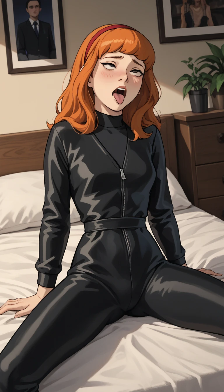 to break, Room, h4ll0d4ph,  black jumpsuit , hairband, 1 , Alone,  in bed,  looking at the spectator ,  Dutch angle ,  in front ,  open legs , Marking Vagi-na, ahegao 