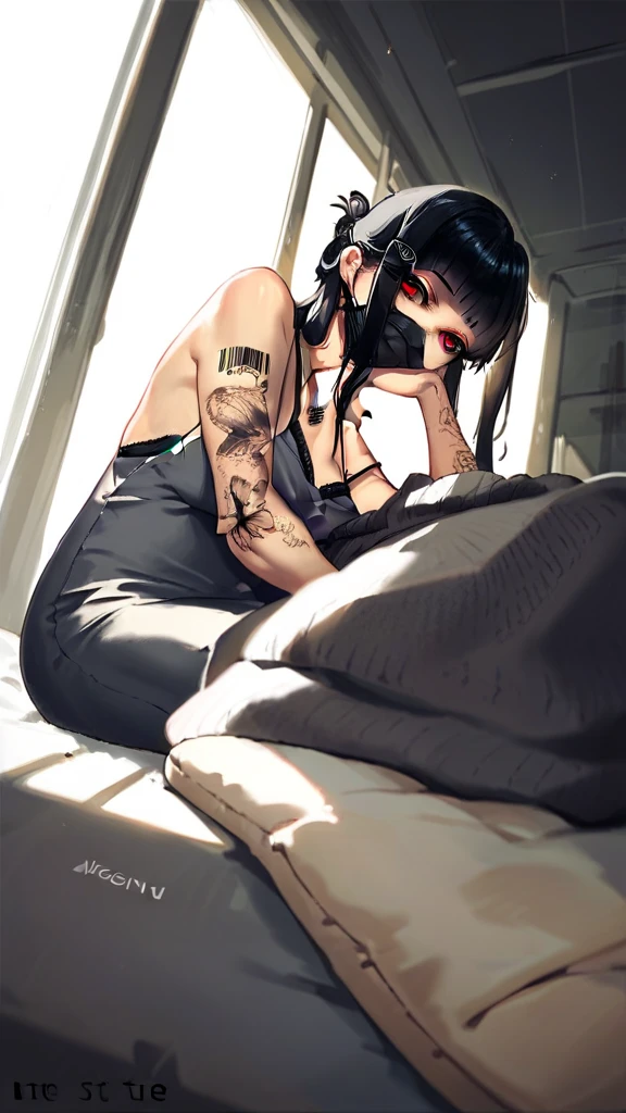 score_9, score_8_ up, score_7_ up,  Source_Anime,  One girl , Alone, indoor,  bed,  sitting,  cowboy shot,   viewers,  pubic skin, d_Kwe ,  red eyes,  black hair,  long hair, side lock, blunt bangs,  hair clip,  hair accessories, breast tattoo,  barcode tattoo  ,   Arm Tattoo  , Butterfly Tattoo,  gray dress ,  dongtan dress , pencil dress, spaghetti strap,  clevis on a stone,  black bra,  a sneak peek at a bra ,  cardigan , Bare shoulders,  off-shoulder,  Long Sleeve , Black nails,  nail polish, slippers,  toeless footwear ,  necklace,  black mask ,  neck mask , Black Bag, from below, arm s upport, close- up