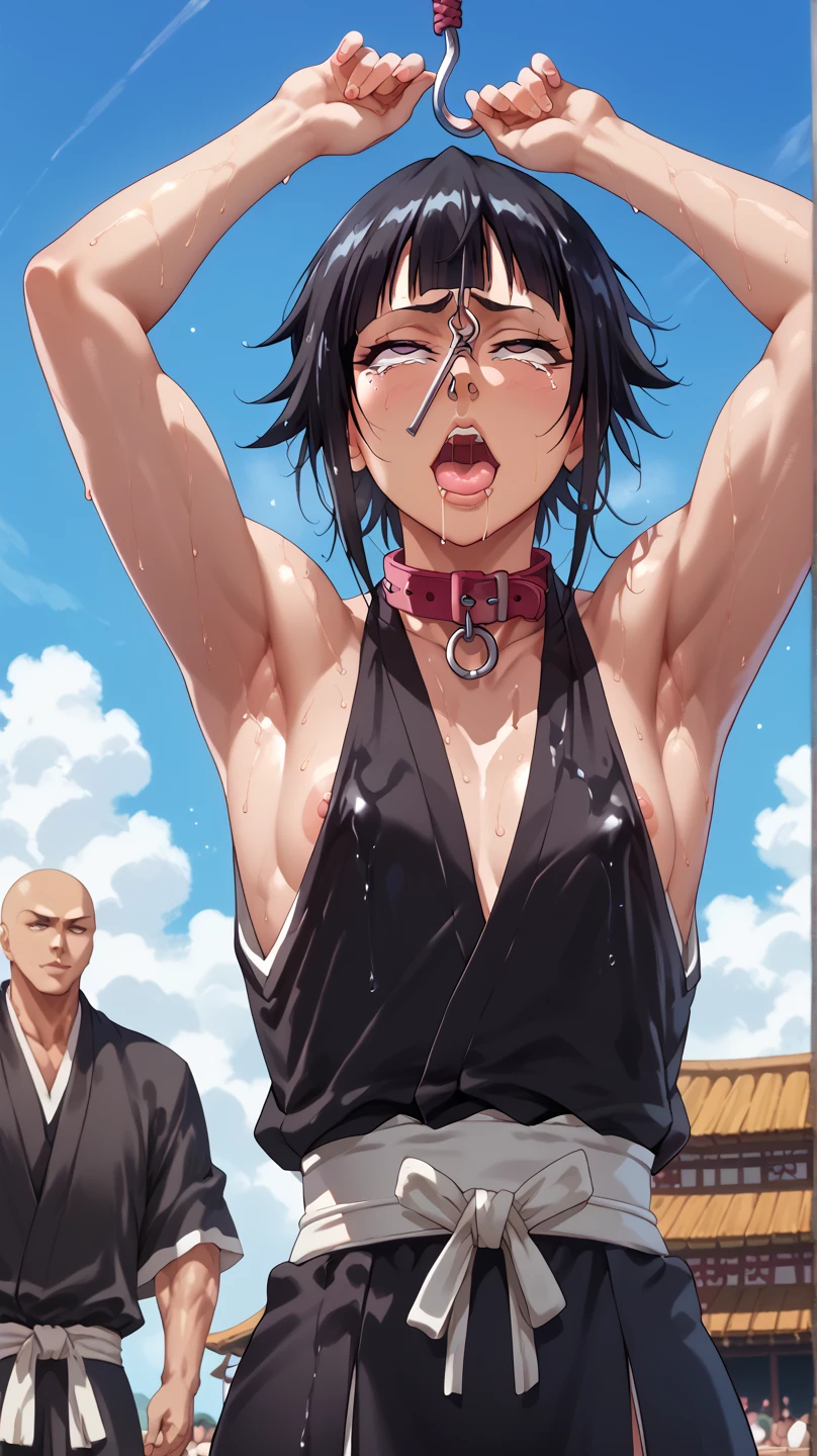 a picture, inspired by Kentaro Miura, trending on pixiv, soifon from bleach, black uniform, favorite scene, fine details, skins, sweating, small breasts, both hands raised, armpits, (small head),armpits visible, dripping with sweat, more more sweat, ((Japanese clothes)),open mouth,rolling eyes,muscle,kneel down,open legs,For the audience, (muscle:1.2),Looking at the audience, tired, (small breasts),sexy body,perfect body,(drooling), tears, head wet, runny nose, black hair, dog collar,transparent nose hook.