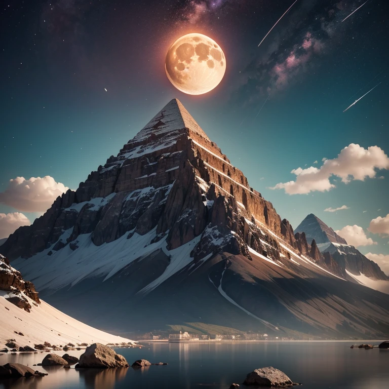  Snow-capped mountains and a lake with a huge pyramid in the center .The moon at the top of the mountain , fantasy, huge Saturn touches mountains with its rings ,  Digital art , epic mesmerizing landscape  !