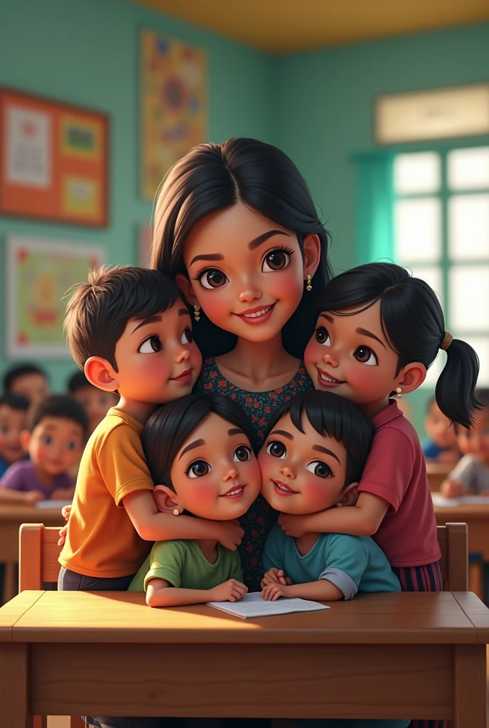 It shows children and teachers united as a family at school 