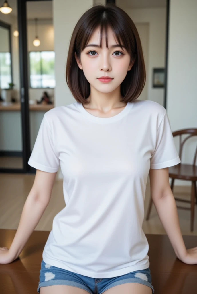   Thai Women, Bob Smooth , age : age 23 ปี,  Height about 177 cm . .  White skin,  Shape is natural and symmetrical, set,  White Round Neck T-Shirt ,   Blue Jeans Shorts  ,Random poses,   Standing Posture Casual Cafe  