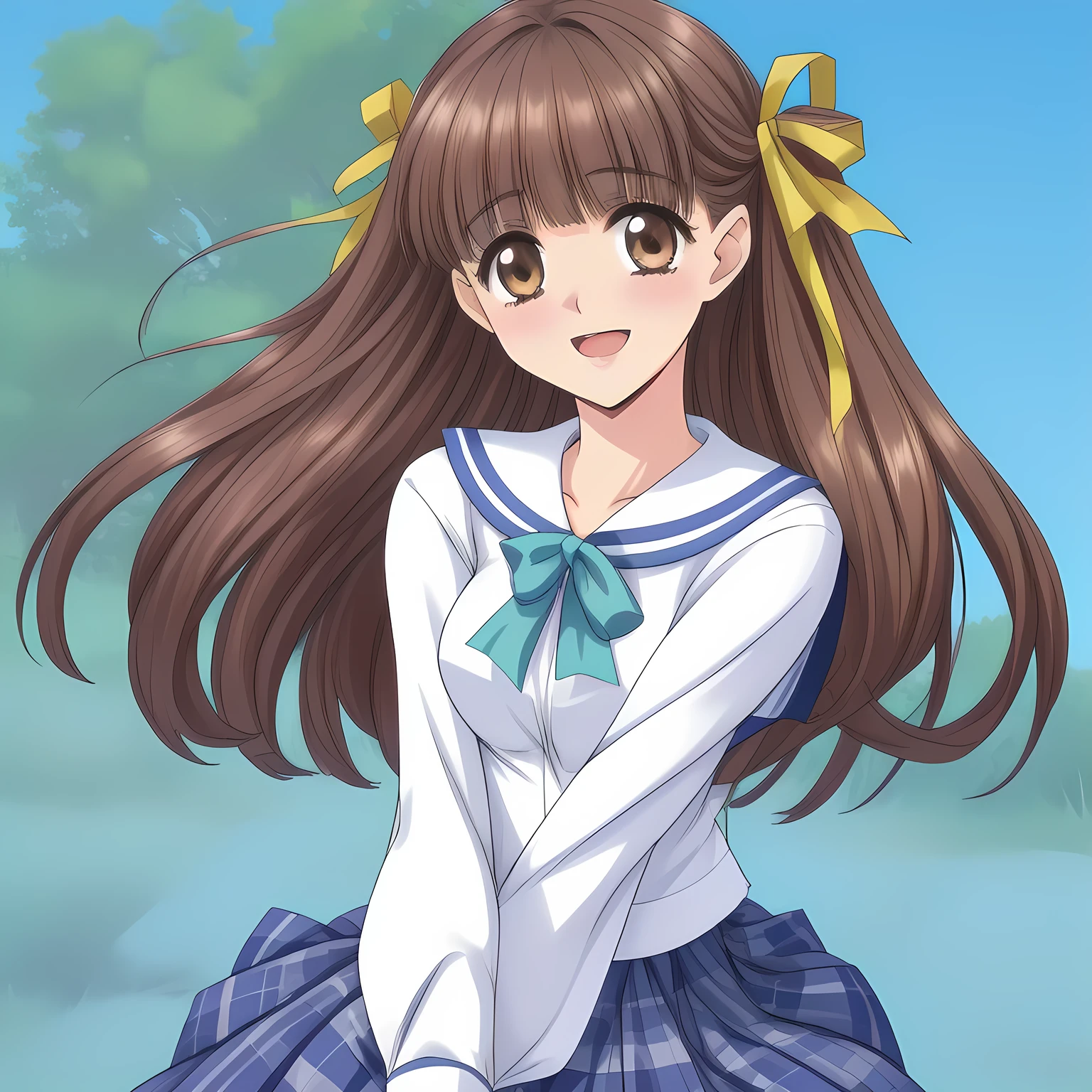 (highest quality, masterpiece: 1.6), (Too beautiful intelligently seducing girls are looking me down and laughing at me with their pretty open mouth, bending their back deeply, can't stop giggling, Too Beautiful noble beautiful dancing anime noble heroines, beautiful giggling noble elegant 16yot anime heroines wares completely white frilled girly blouse covered by navy-expensive-blazer and navy-blue-checkered-plaid-school-skirt with metallic luster, inviting me into deep harem of siren and succubi, Noble Elegant blazer uniform: 1.5), (white white white frilled blouse, with pretty shiny large blue-ribbons made of polyester on the breast and sleeves: 1.2), (Anime-heroine's girly noble laughing giggling brown eyes, the eyes shines and has strong effect of allusion to the viewer: 1.6), (Realistic Charming neat dark-navy-blue very-neat well-pleated long dark-blue checkered glossy expensive plaid school skirt made of metallic-luster-blue-wool: 1.6), (sky-blue background with white heart figured clouds: 1.7), (Eyes, face and hair are especially beautifully detailed and beautifully drawn: 1.5), (Girl whom everyone loves because of her beauty and lovely fashion and noble manner and magic-charm like succubus: 1.0), (Very beautiful, various, cute gorgeous rich dark black hair like seducing hair model, with elegant big yellow hair ribbons: 1.3), (beautiful black hair: 1.5), (Perfect mature body style like a fashion model), (The girl is too much beloved), ((skirt close shot)), ((Light and clearly-detailed well-contrasted neat bewitching too-expensive atmosphere foreground, to catch the viewer taking to the allusion ecstasy of seifuku-fetishism: 1.6)), (Counting to bring the viewer into the allusion ecstasy of seifuku-harem forcibly: 1.2), (black background in the deep world of seifuku-harem-paradise: 1.0), (Viewer can't to stop hugging and kissing her legs and lovely wet lips due to her beauty: 1.0)