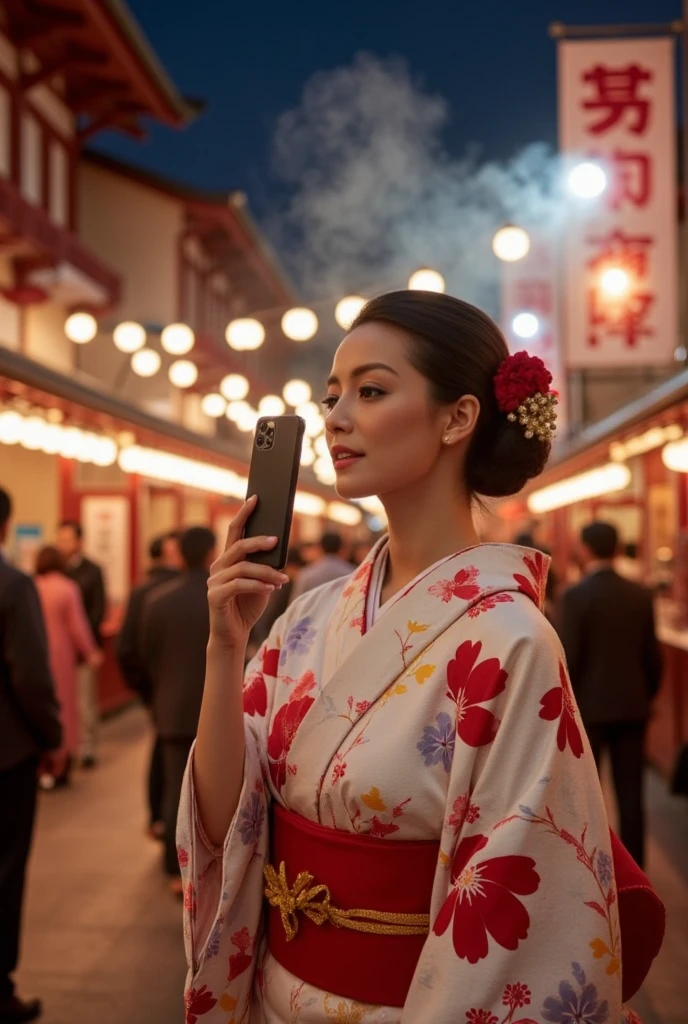 ((Masterpiece, top quality, high resolution, highly detailed CG unified 8K wallpaper)), (stunning goddess shot, very hot and sexy, jaw-dropping beauty, perfect proportions, beautiful body, curvy:1.3), At night in a hot spring resort area crowded with many tourists, a woman in a Japanese yukata takes a selfie, the steamy, hazy lantern lights creating a fantastic scene, a tourist poster, large “Journey to Japan” written on it,