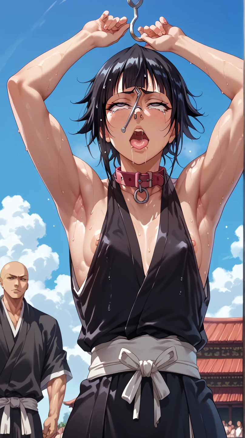 a picture, inspired by Kentaro Miura, trending on pixiv, soifon from bleach, black uniform, favorite scene, fine details, skins, sweating, small breasts, both hands raised, armpits, (small head),armpits visible, dripping with sweat, more more sweat, ((Japanese clothes)),open mouth,rolling eyes,muscle,kneel down,open legs,For the audience, (muscle:1.2),Looking at the audience, tired, (small breasts),sexy body,perfect body,(drooling), tears, head wet, runny nose, black hair, dog collar,transparent nose hook.