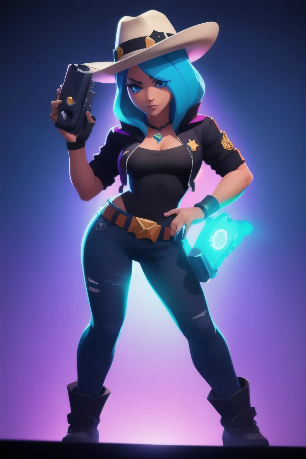 a full body close up of a person holding a gun and a flashlight, (( A hot cowboy girl, Wearing a cowboy hat)) , brawl stars, splash art brawlstars, epic art style, blaster fire bright as neon, game character, in game style 8k, merged character, fortnite art style, stylized character, holding a blaster, slick clammy skin, clash royal style characters, mobile game style, new character