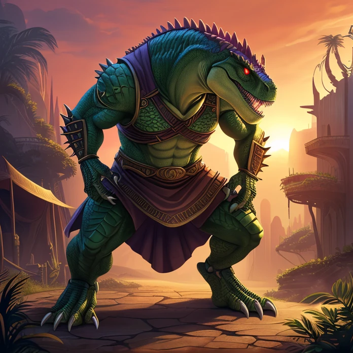 Masterpiece, HD, High Resolution, High Quality, Best Quality, Super Detailed. Solo character alone, multiple views. Dark fantasy art.
{{(An ageless male-adult-anthropomorphic-tyrannosaurus-rex-warlord:(appearance: biomechanical-body. green-scales. Green-scaly-body. T-rex-head. T-rex-face. T-rex-mouth. T-rex-sharp-teeth. Smiling with malice. Red-glowing-eyes with white-pupils. T-rex-neck. Muscular-anthro-T-Rex-body. Hands-with-slender-fingers with pointy-claws. T-rex-tail. T-rex-anthro-legs. T-rex-feet with 4-fingers with sharp-claws. He stands 3,00-CM-tall. Evil personality. Demination demeanor. Standing ceremonious and manipulative.),(equipment: long-toothed-sword.),(he wears: sumerian-styled-purple-tunic. Sumerian-styled-skirt. Sumerian-styled-vest. Bulky-sharped-spiky-shoulders-armor. Sumerian-crown over the head.),(scenery: creepy-jungle. Red-sky.))}}