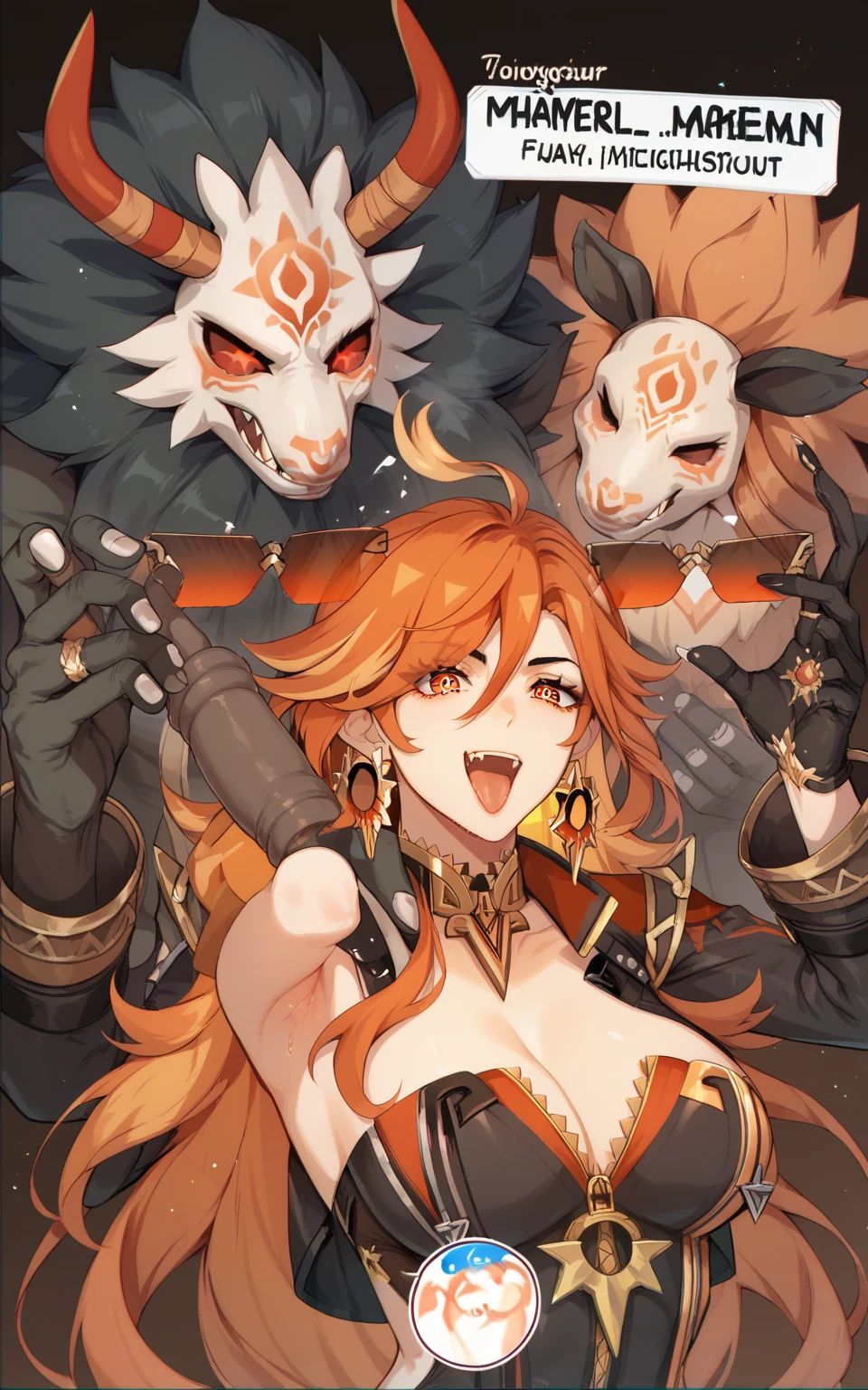 Leather bikini, horn crown, bare belly, big breasts, brown hair, red eyes, hunter, cat eyes