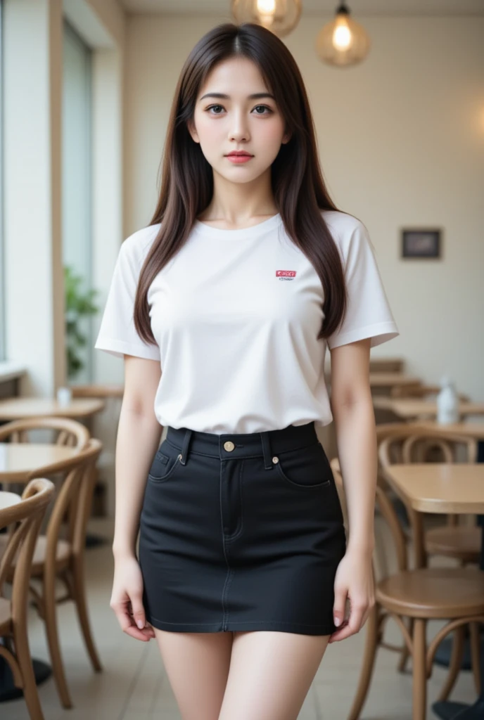  Thai Woman , Long Hair , age : age 23 ปี,  Height about 177 cm . .  White skin,  Shape is natural and symmetrical, set,  Round Neck T-Shirt White Short Sleeve ,   Sexy Black Pencil Denim Skirt ,   Random Poses ,  Standing Posture Casual Cafe  