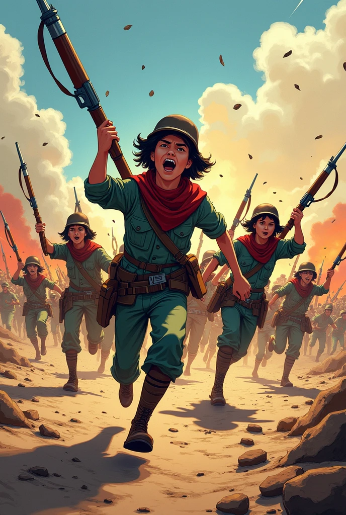 Cartoon of a person dressed in the Red Cross with his arm extended forward, protecting a group of civilians (children, women and elderly) who are behind him. The person could be standing on neutral ground between two opposing armies., but without showing direct violence, highlighting more the gesture of protection and the human figure.