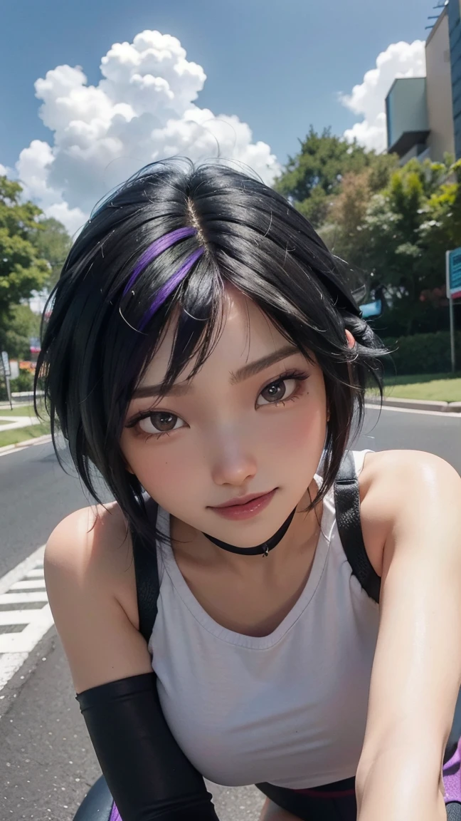 Gogo tomago,(best qualityer,4K,8k,high resolution,work of art:1.2)(weather: cloudy), Mondstadt town background, gym, cropped sport top, sweat wrist bands, tight cropped leggings, sneakers, cheek mole, short wavy hair, black hair with purple highlight, ultra detailed, realistic, portrait,beautiful detailed brown eyes, glowing eyes,blush,beautiful detailed lips,extremely detailed eye and face, long eyelashes,sexy,average, medium breasts,beaming smile, sexy smile, powerful girl, sexy pose, stunning curves, bright coloured, dramatic lighting, sweating,