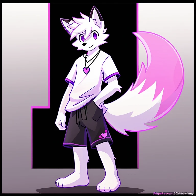  A hairy teenage fox and him being a man with white fur having bright purple eyes in neon and having legs and being thin and tall and with a scar on one eye    ,      having short male hair      ,  and wearing a purple heart necklace and wearing a white shirt and wearing black shorts and he's barefoot and he's got paws and he's not with his hands in his pockets and on a white background with a black border and he's standing on this background and he's alone 