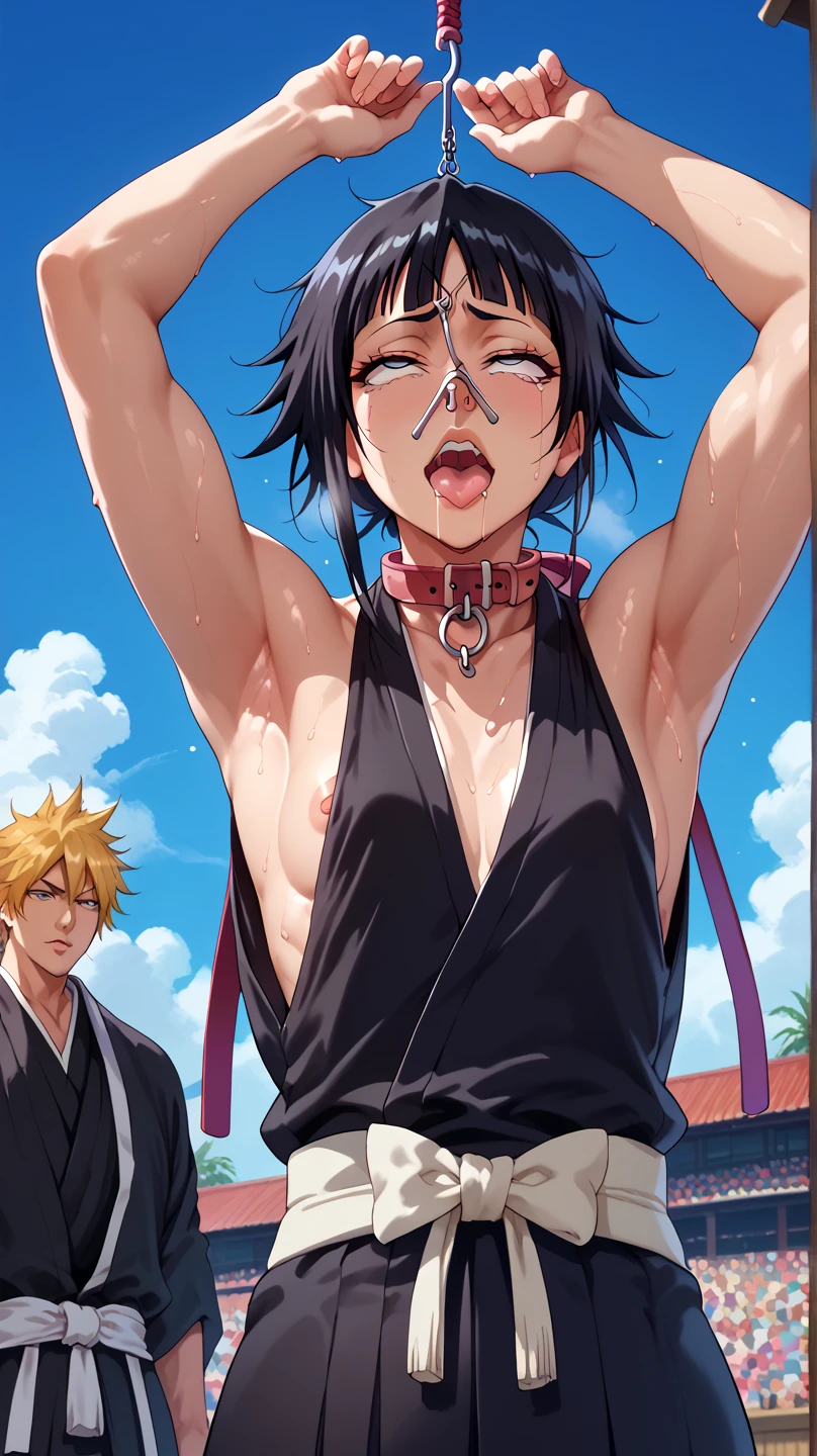 a picture, inspired by Kentaro Miura, trending on pixiv, soifon from bleach, black uniform, favorite scene, fine details, skins, sweating, small breasts, both hands raised, armpits, (small head),armpits visible, dripping with sweat, more more sweat, ((Japanese clothes)),open mouth,rolling eyes,muscle,kneel down,open legs,For the audience, (muscle:1.2),Looking at the audience, tired, (small breasts),sexy body,perfect body,(drooling), tears, head wet, runny nose, black hair, (dog collar) ,transparent nose hook.