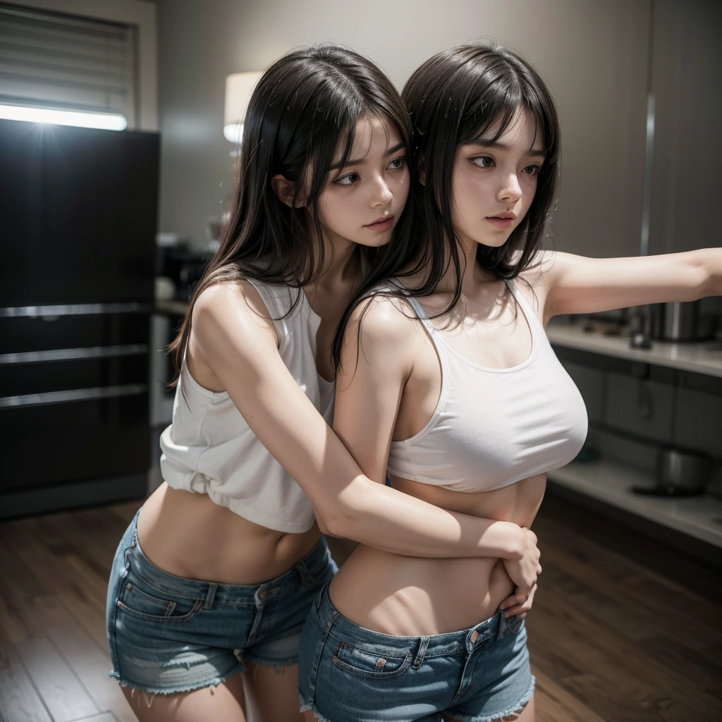 Absurd resolution, A high resolution, (tmasterpiece: 1.4), 超詳細, (((详细的脸, express in detail)), twogirls, Girls and girls, Friends, best Friends, schoolmate, unwind, pony tails, Bob, sitting on Beds, sitting down on the floor, Two people talk, room background, Friends, best friends, Duan, 1K, small rooms, 窗帘, Beds, tvp, desks, Duan居服, Kyoto Animation, Kyoto Animation的氛围, (tearful)