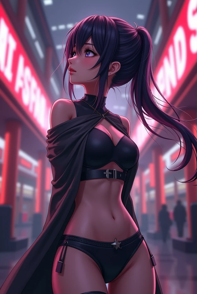 (Highly quality, masterpiece, detailed), night city detailed scenario, night city detailed background, 20 years old girl, solo, Psylocke_mains, long hair, smile, red ribbon, black crop top, medium breasts, purple eyes, purple hair, navel, perfect face, beautiful eyes, looking at the viewer, Sexy pose