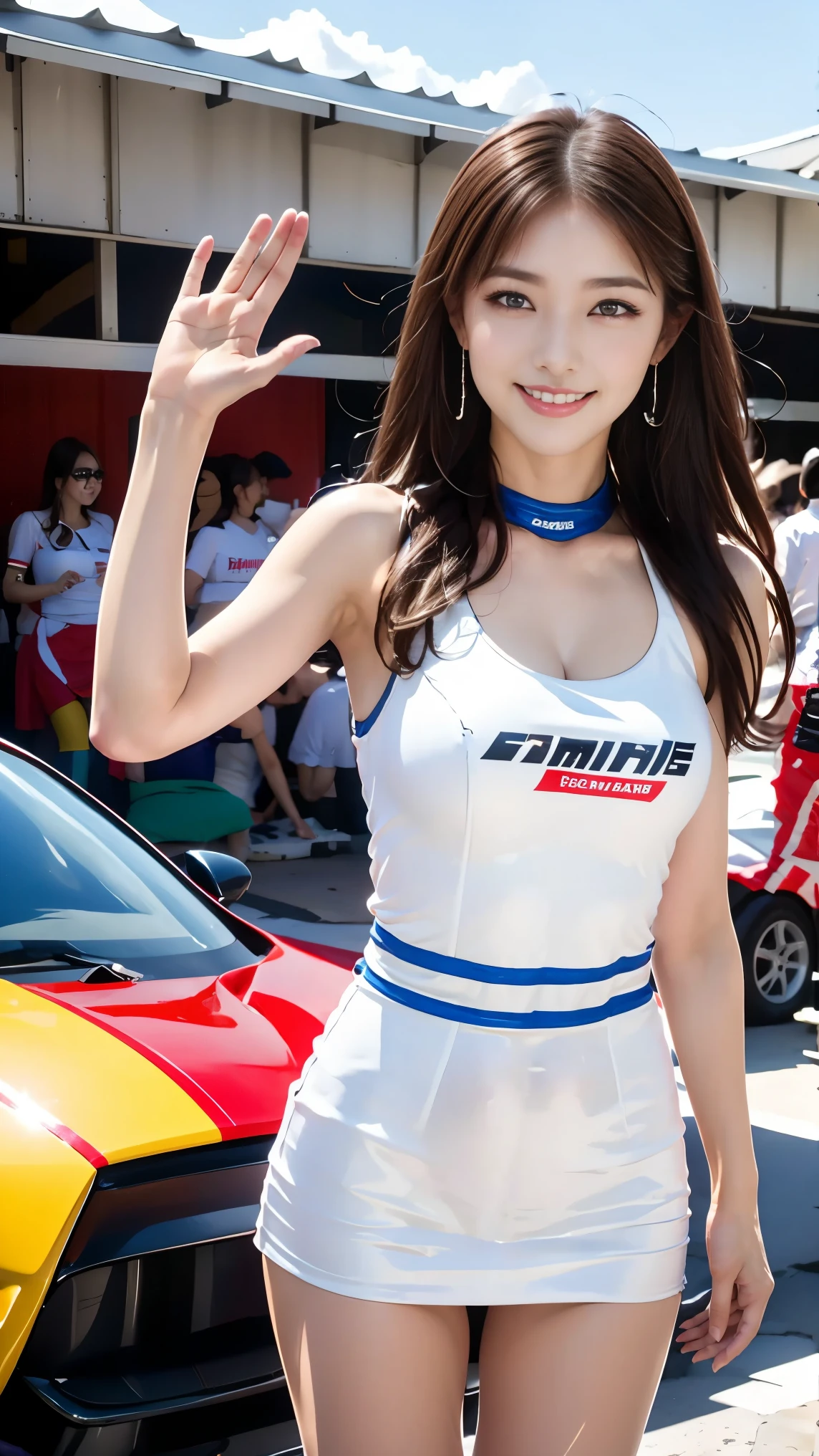 Race queens smiling and waving their hands as the cameraman takes pictures next to the Farmüller car on the starting grid before the race