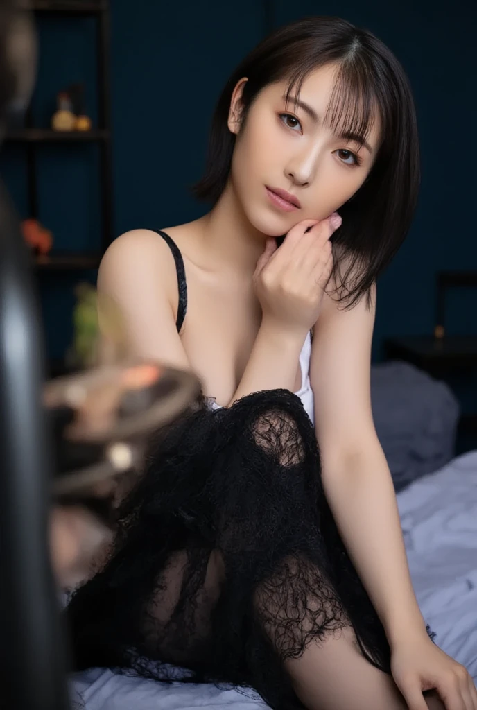 a beautiful young japanese woman in her 20s wearing black lingerie, emphasizing her large cleavage, in a seductive pose, full body, (best quality,4k,8k,highres,masterpiece:1.2),ultra-detailed,(realistic,photorealistic,photo-realistic:1.37),perfect skin, intricate details, cinematic lighting, dramatic shadows, vibrant colors, sensual, elegant, alluring