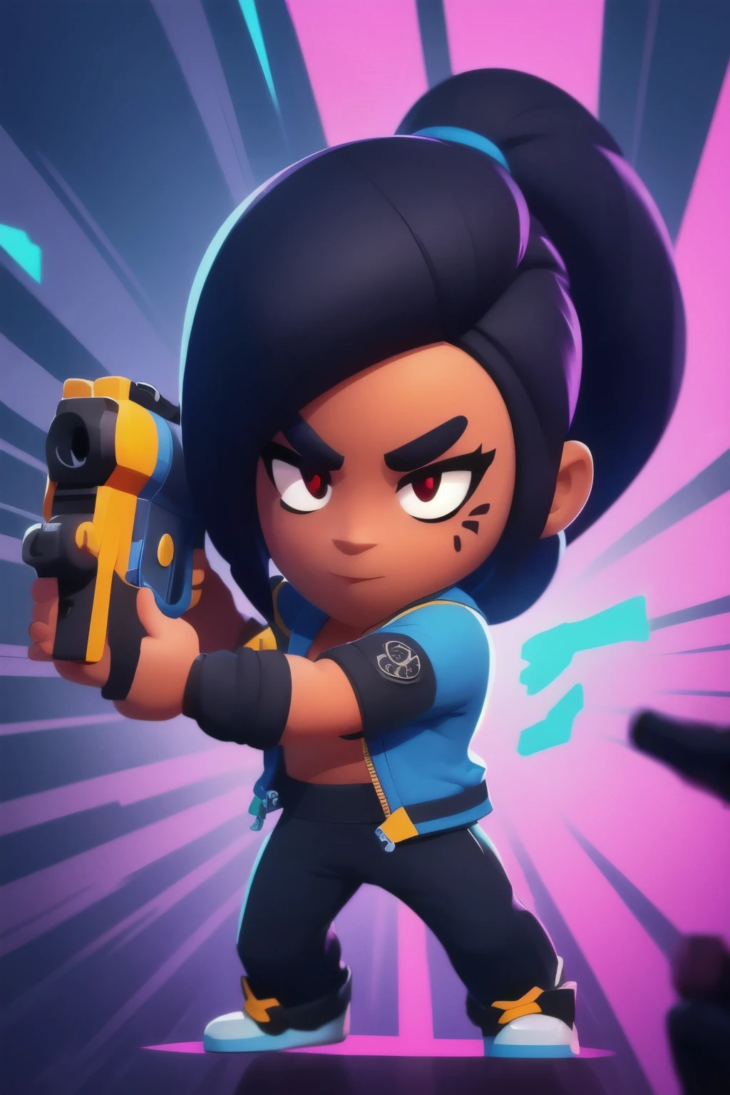 a full body close up of a person holding a gun and a flashlight, ( , brawl stars, splash art brawlstars, epic art style, blaster fire bright as neon, game character, in game style 8k, merged character, fortnite art style, stylized character, holding a blaster, slick clammy skin, clash royal style characters, mobile game style, new character