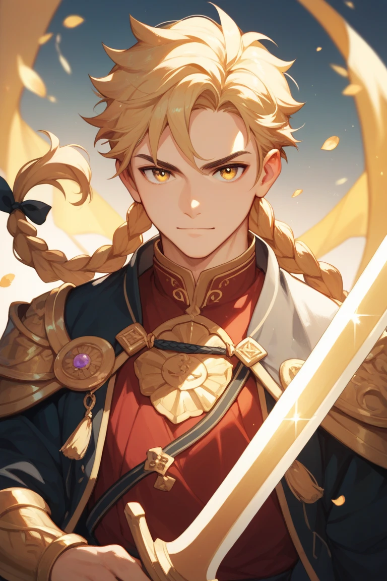  A 20-YEAR-OLD YOUNG MAN WITH BRAIDED BLOND HAIR, with golden eyes, USING A GOLDEN SWORD AND LARGE 