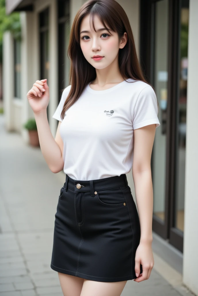  Thai women,  long brown hair , age : age 23 ปี,  Height about 177 cm . .  White skin, Smirk,  Shape is natural and symmetrical, set,  Round Neck T-Shirt White Short Sleeve ,   Sexy Black Pencil Denim Skirt , Random Poses ,   Standing Posture Casual Cafe  