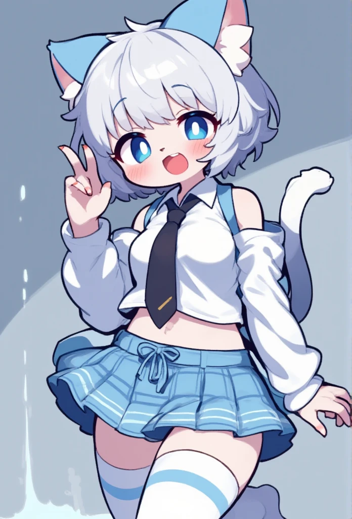 1girl, long white stockings with light blue stripes on the thighs, light blue plaid skirt, short white shirt,the shirt does not cover the abdomen, with black tie, light blue cat hat , short white hair, blushing face,, with cum coming out of her vagina