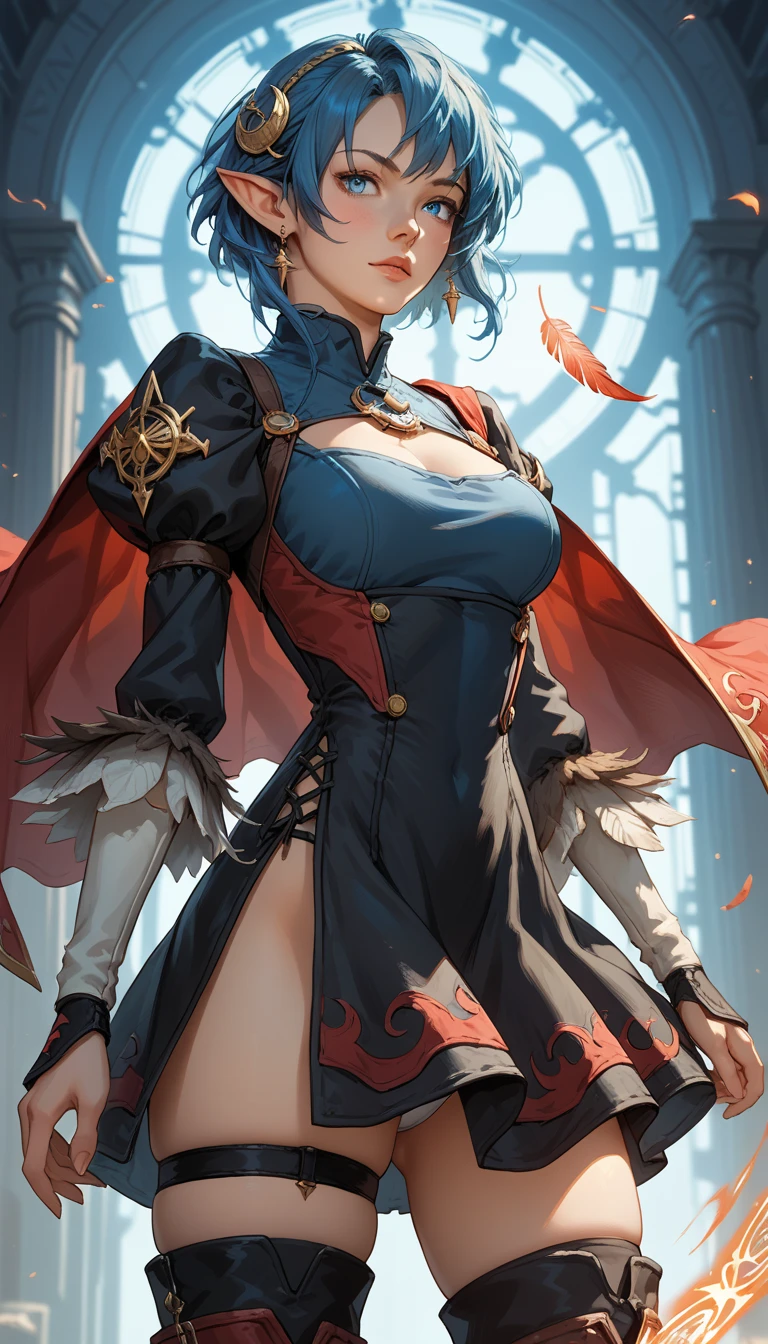 Score_9, score_8_up, score_7_up, source_anime, ((rating_safe)), rena lanford, 1woman, dynamic expression, blue hair, short hair, blue eyes, pointy ears, crescent hair ornament, red cape, tomboy style black dress, feather-trimmed sleeves, stiletto thigh boots, lace trim, long sleeves, micro miniskirt with high slit, (panty shot), thigh straps, ((skindentation)), (spell casting:1.26), contrapposto stance, dynamic action poses, indoors high-tech spaceship background, d3t41l3d, 2b_outfit