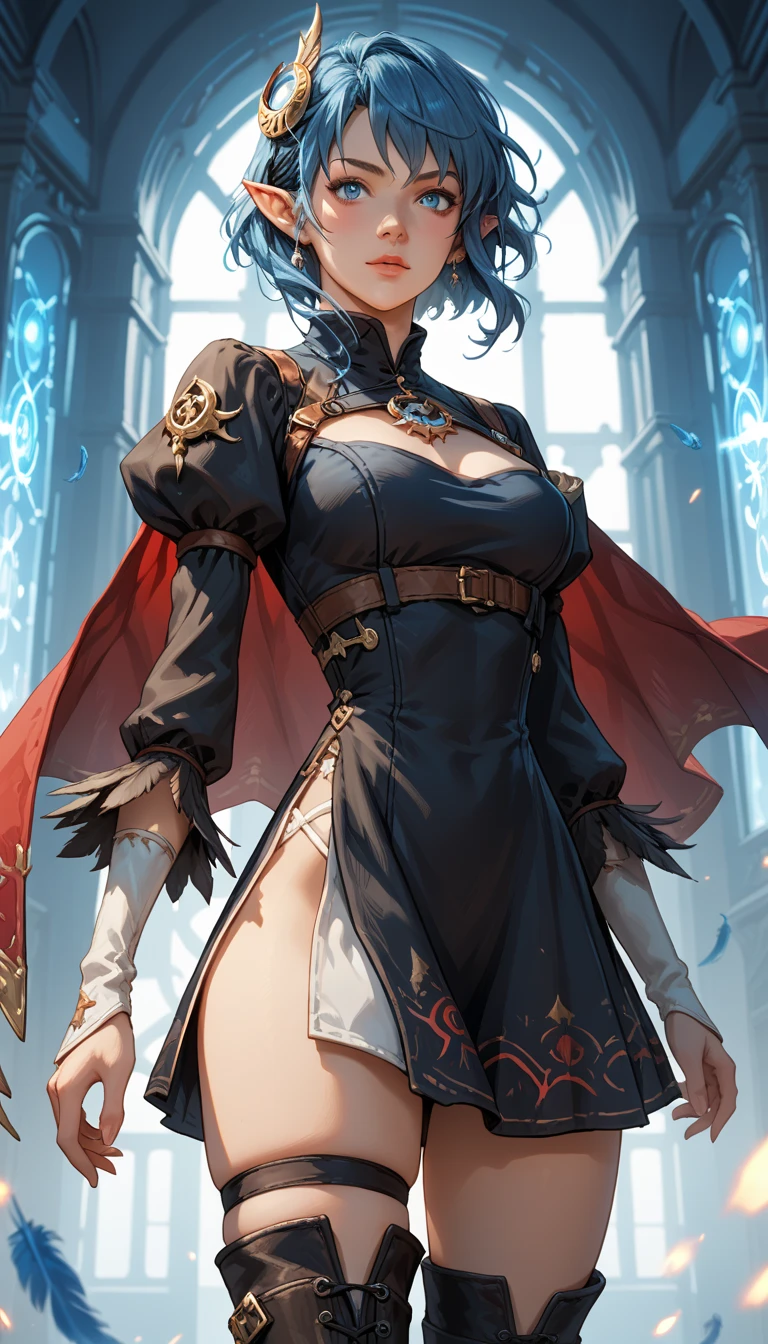 Score_9, score_8_up, score_7_up, source_anime, ((rating_safe)), rena lanford, 1woman, dynamic expression, blue hair, short hair, blue eyes, pointy ears, crescent hair ornament, red cape, tomboy style black dress, feather-trimmed sleeves, stiletto thigh boots, lace trim, long sleeves, micro miniskirt with high slit, (panty shot), thigh straps, ((skindentation)), (spell casting:1.26), contrapposto stance, dynamic action poses, indoors high-tech spaceship background, d3t41l3d, 2b_outfit