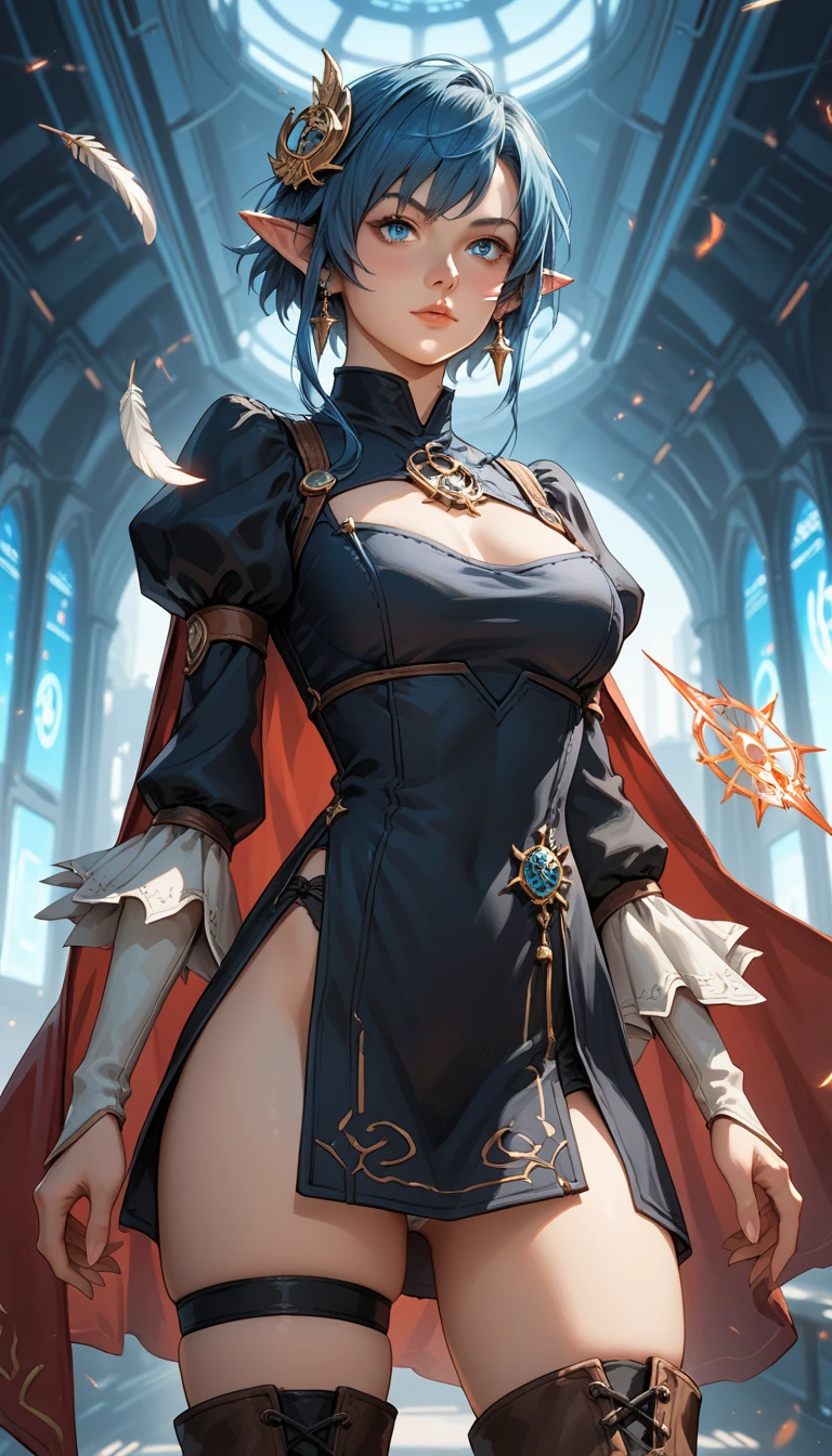 Score_9, score_8_up, score_7_up, source_anime, ((rating_safe)), rena lanford, 1woman, dynamic expression, blue hair, short hair, blue eyes, pointy ears, crescent hair ornament, red cape, tomboy style black dress, feather-trimmed sleeves, stiletto thigh boots, lace trim, long sleeves, micro miniskirt with high slit, (panty shot), thigh straps, ((skindentation)), (spell casting:1.26), contrapposto stance, dynamic action poses, indoors high-tech spaceship background, d3t41l3d, 2b_outfit