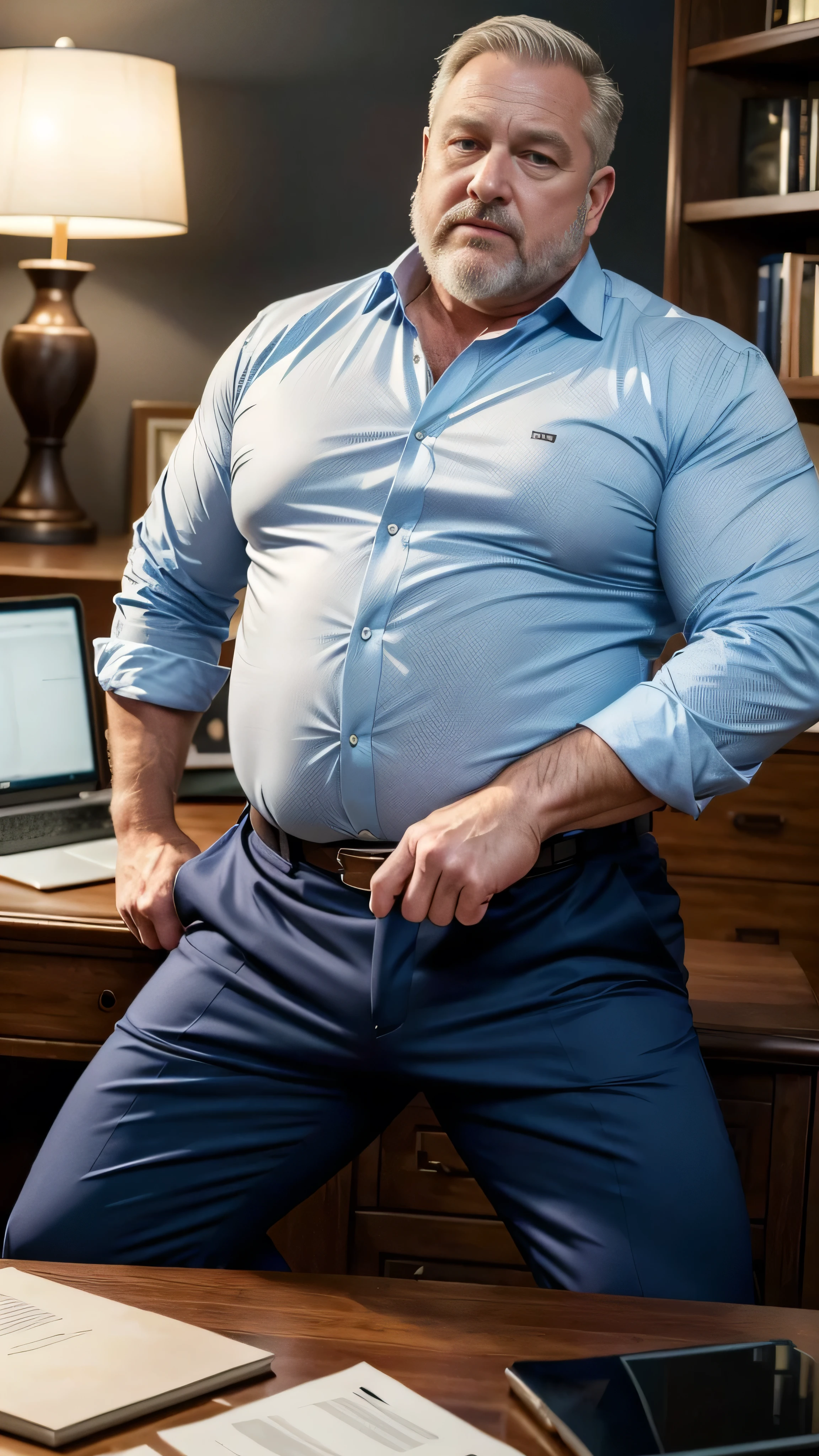 (best quality,4k,8k,highres,masterpiece:1.2), age 60, white man, horny disgusting, muscular chubby, kind, open blue shirt , mature daddy, Dress Pants with big hard bulge, hairy chest hard nipple, belt, loafer, in his Luxury Office