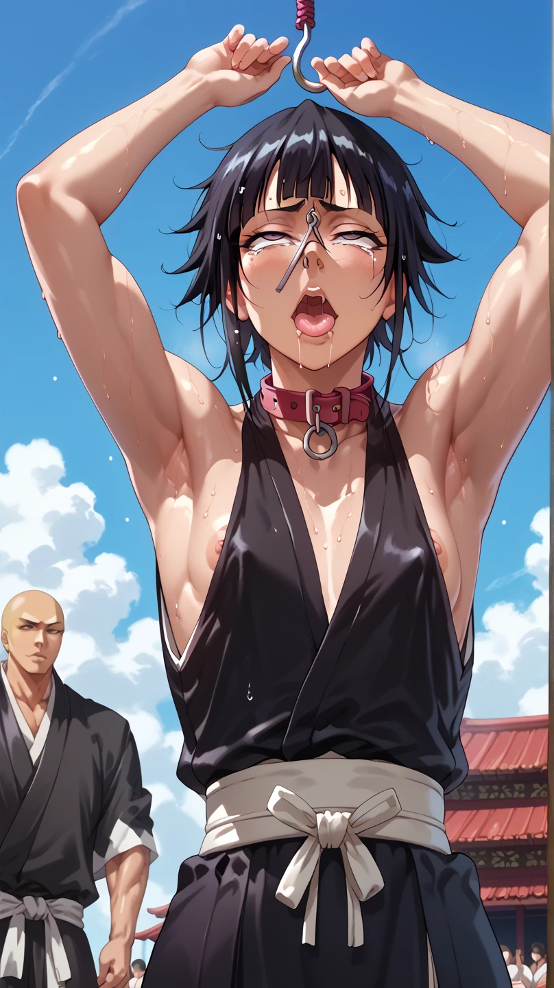 a picture, inspired by Kentaro Miura, trending on pixiv, soifon from bleach, black uniform, favorite scene, fine details, skins, sweating, small breasts, both hands raised, armpits, (small head),armpits visible, dripping with sweat, more more sweat, ((Japanese clothes)),open mouth,rolling eyes,muscle,kneel down,open legs,For the audience, (muscle:1.2),Looking at the audience, tired, (small breasts),sexy body,perfect body,(drooling), tears, head wet, runny nose, black hair, dog collar,transparent nose hook.