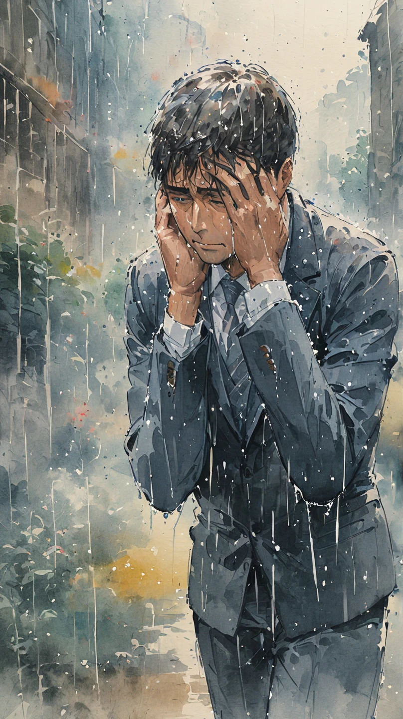  watercolor painting of a man in a suit in the rain .  full body photo of the man drenched in rain.  he raises his head to face the rain , rainwater flows down his face . He's walking down the street ,  extending his hands to feel the rain .  watercolor brush painting style . The sky is dark.