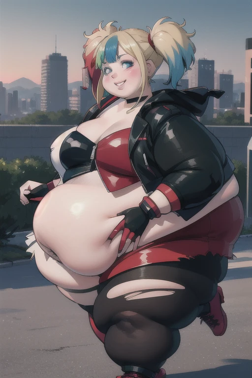 (masterpiece, high resolution, photo-realistic:1.4), fat Harley Quinn, (capturing Harley Quinn, portrayed by Margot Robbie, in a prison setting:1.3), (Harley poses with a provocative and defiant gaze:1.2), (the environment is adorned with cool, muted colors, reflecting the prison's somber atmosphere:1.2), (bars casting shadows across the walls:1.1), (distant sounds of clanging echoing through the halls:1.1), (Harley, in contrast, emanates vibrant and bold colors, highlighting her lively spirit:1.3), (her outfit boasting a mix of vivid reds, blues, and whites:1.2), (her makeup accentuating her playful personality:1.2), obese body, (Canon EOS R5 mirrorless camera:1.2), thick thighs, fat arms, fat belly, (capturing every essence of her rebellious demeanor:1.2), (the composition showcasing a medium-range shot, capturing her in all her spirited glory:1.2), (a captivating portrayal of the iconic character in a prison setting:1.2).