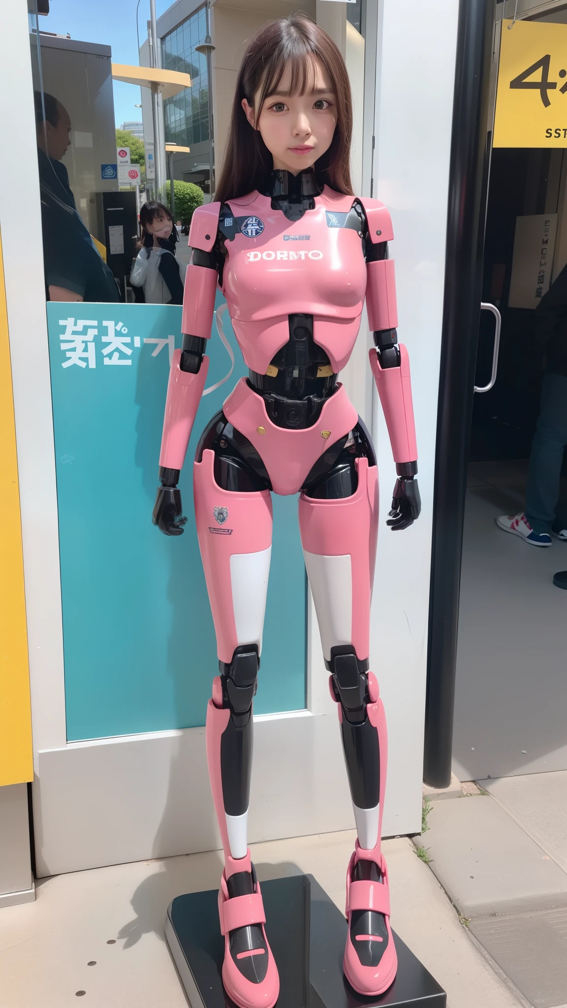 masterpiece, best quality, extremely detailed, (8K, 4K, Best Quality, Hight resolution, 超A high resolution:1.1), 8K portrait,1girl in, Japanese android girl, android teacher, control panels, android, Droid, Mechanical Hand, ,Robot arms and legs, Black hair, Mechanical body, Blunt bangs, Pink Robotics Parts, perfect robot woman, Charging spot, Long Tube, A thick cable was connected to her neck, ceramic body , android, robot humanoid, panty, full eyes, perfect mechanical body, pink robotics body, future assembly plant, Pink body, She has repaired, lack sponge joints, android assembly plant, android, laboratory, platform boots, perfect machine body, pink robot body