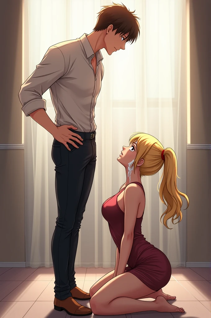 Man with short white hair, very clear light blue eyes and he was tall with and he was horny and kneeling on the floor in front of a blonde woman with dark brown eyes and medium breasts and all this in anime version a very sexy scene the man's hands were on her breasts