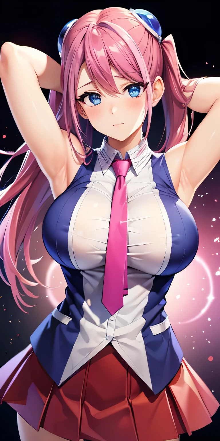 1 Female,High definition,high resolution,Ultra-realistic,8K, hy1, hair ornament, multicolored hair, blue eyes,necktie,pink skirt,tight skirt, miniskirt ,sleeveless, jewelry, large breasts,European,sexy,Upper body close-up,Photographed from the front,Dynamic Angles,(blush), (medium tits) ,(arms behind head)