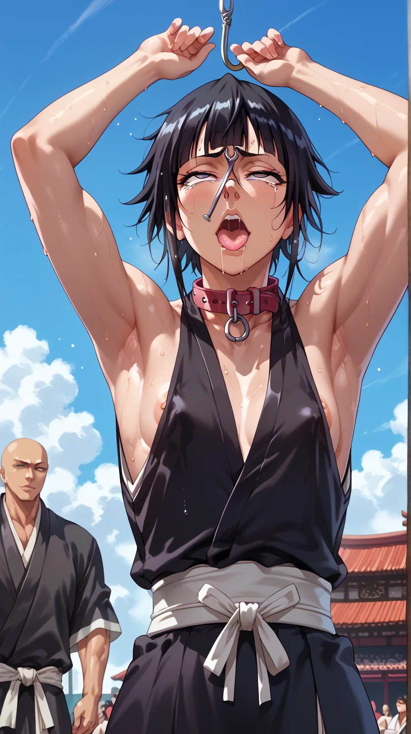 a picture, inspired by Kentaro Miura, trending on pixiv, soifon from bleach, black uniform, favorite scene, fine details, skins, sweating, small breasts, both hands raised, armpits, (small head),armpits visible, dripping with sweat, more more sweat, ((Japanese clothes)),open mouth,rolling eyes,muscle,kneel down,open legs,For the audience, (muscle:1.2),Looking at the audience, tired, (small breasts),sexy body,perfect body,(drooling), tears, head wet, runny nose, black hair, dog collar,transparent nose hook.