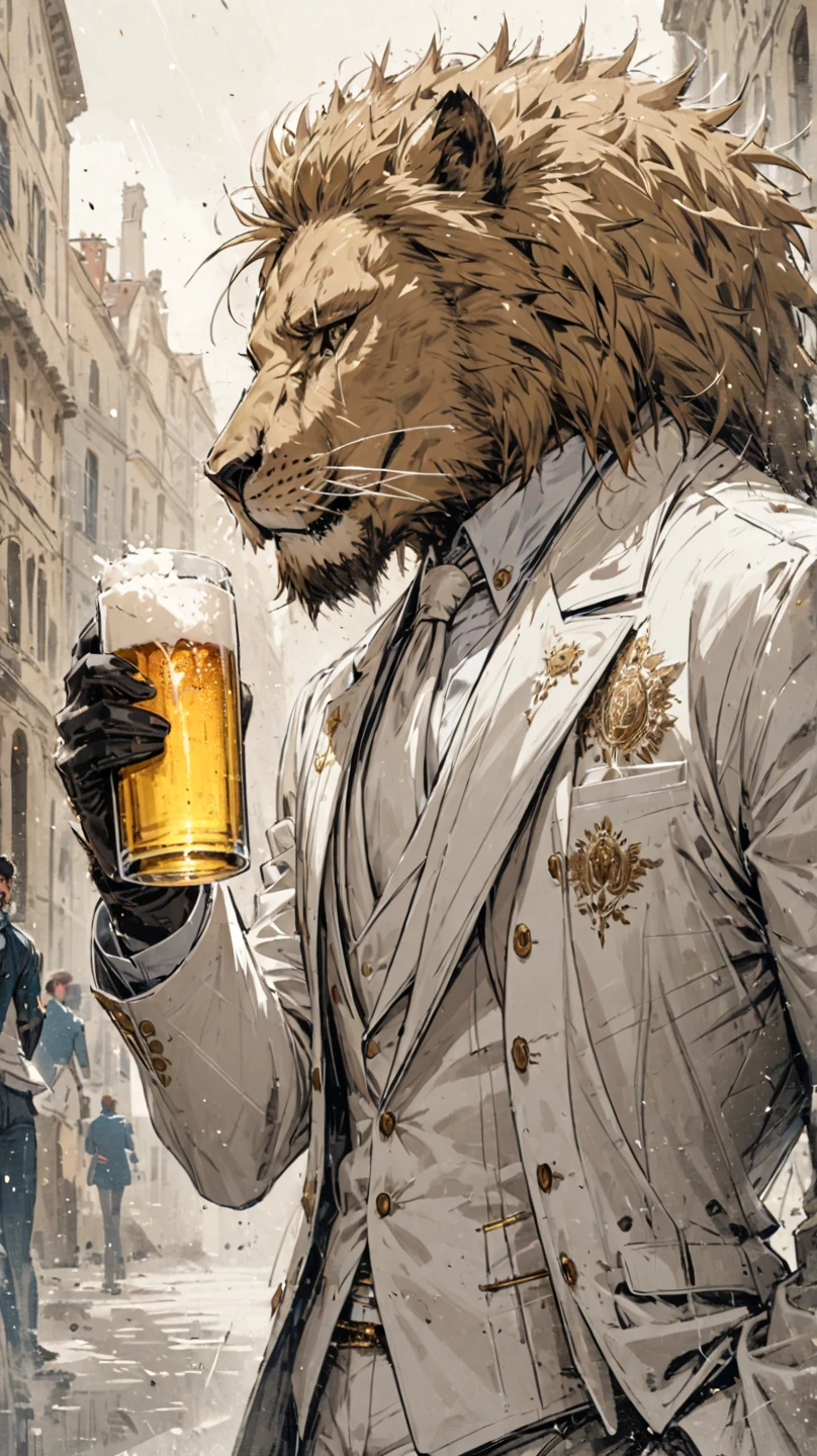 Create a lion in a white suit ,   in France drinking a beer 