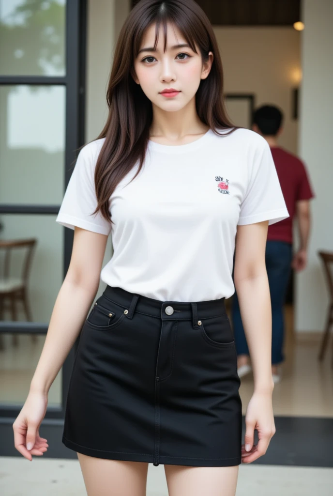  Thai Woman , Long brown long hair, age : age 23 ปี,  Height about 177 cm . .  White skin,  Shape is natural and symmetrical, set,  Round Neck T-Shirt White Short Sleeve ,   Sexy Black Pencil Denim Skirt ,   Random Poses ,  Standing Posture Casual Cafe  