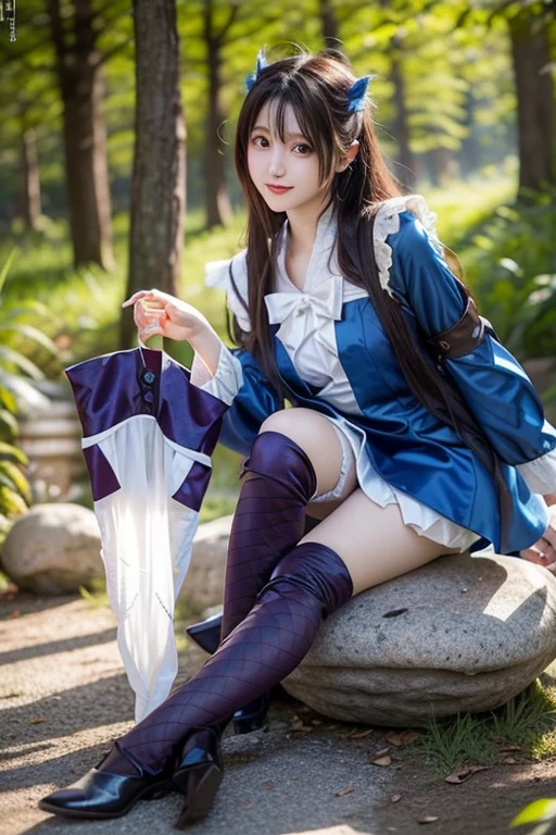 Cosplayers in purple and blue costumes sit on a stone, anime girl cosplay, Japanese model cosplay  , Gorgeous cosplay, looking at camera、 Detailed Beautiful Eyes 、 cute smile、 a soft and gentle expression 、The background is a deep forest