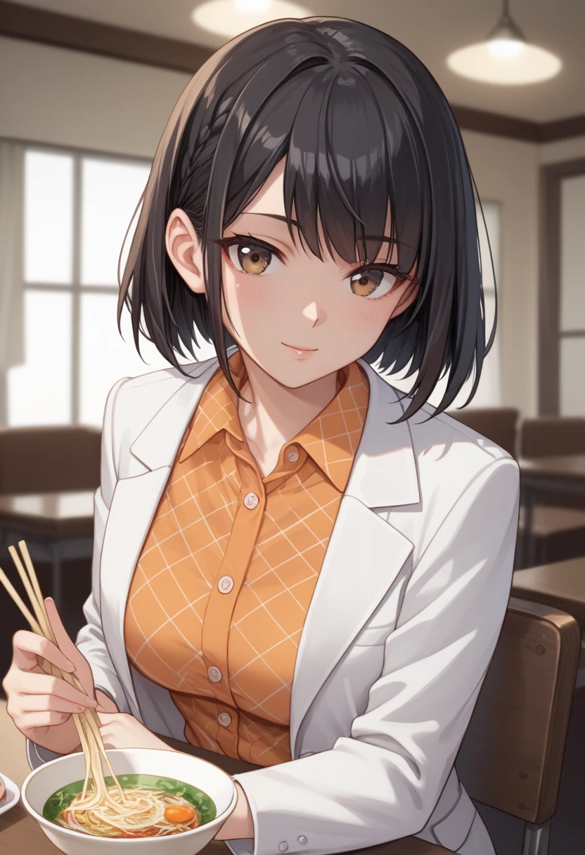 score_9, score_8_up, score_7_up, source_anime,mukai takumi, long hair, black hair, hazel eyes, solo, looking at viewer, short hair, black hair, 1girl, upper body, female focus, collared shirt, blurry, white jacket, formal, suit, orange shirt, chain pattern shirt, sitting, ramen, dining room,