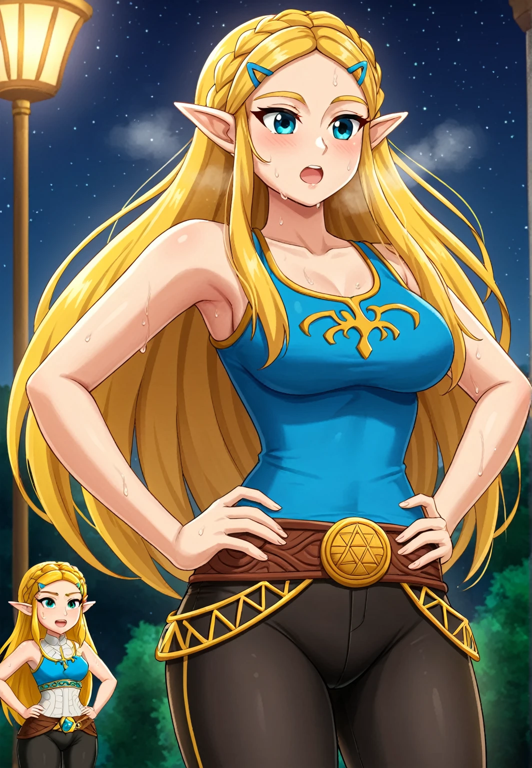 masterpiece, best quality, highres, aazelda, Princess_Zelda, long hair, crown braid, hairclip, pointy ears, blue tanktop,, black pants with yellow stripes, tight pants, night, standing, cowboy shot, outdoors, hands on hips, open mouth, out of breath, sweaty, sweating, 