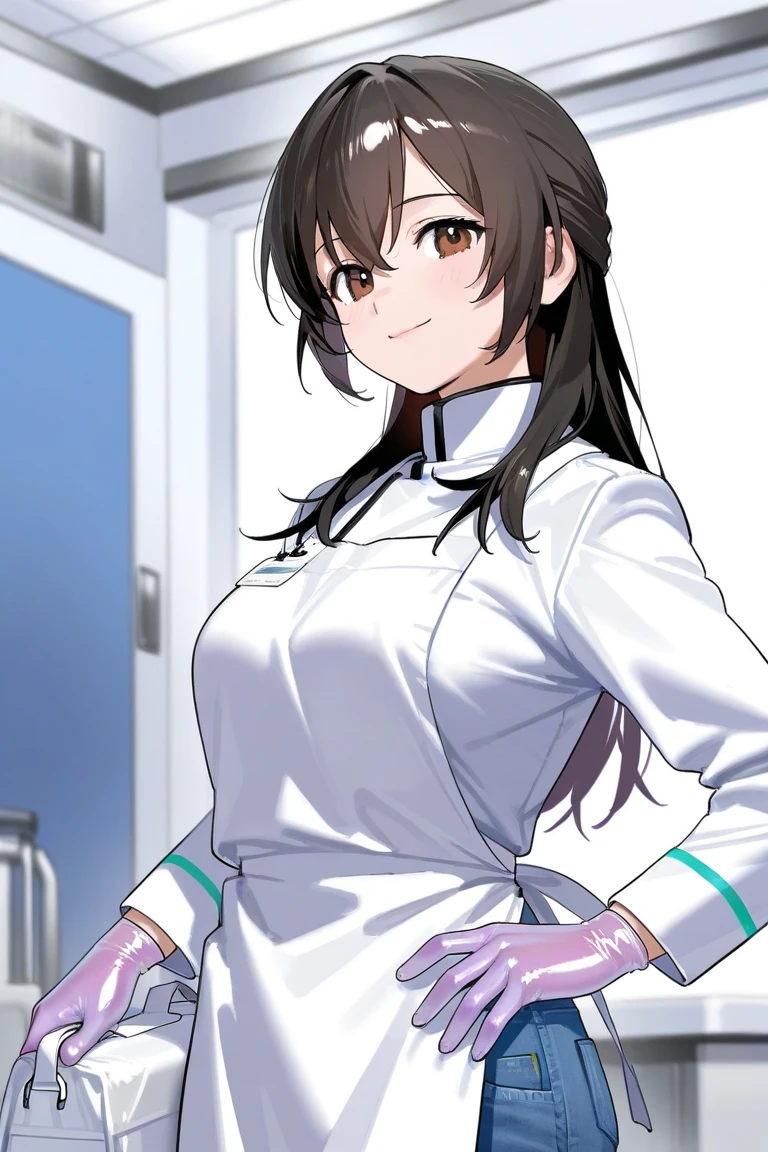 ((best quality)), ((highly detailed)), masterpiece, extremely detailed face, beautiful face, (detailed eyes, deep eyes), (1girl), multiple views, upper body, ((nurse uniform, gloves, <lora:conceptLargeSyringe_v10:1>, large syringe, (((holding syringe))))), <lora:hairdetailer:1>, tan tomboy, short hair, ((tan skin)), tanlines, athletic, abs, grin, (indoors, in a lockerroom), <lora:tofuubear_artstyle:.9>, tofuubear