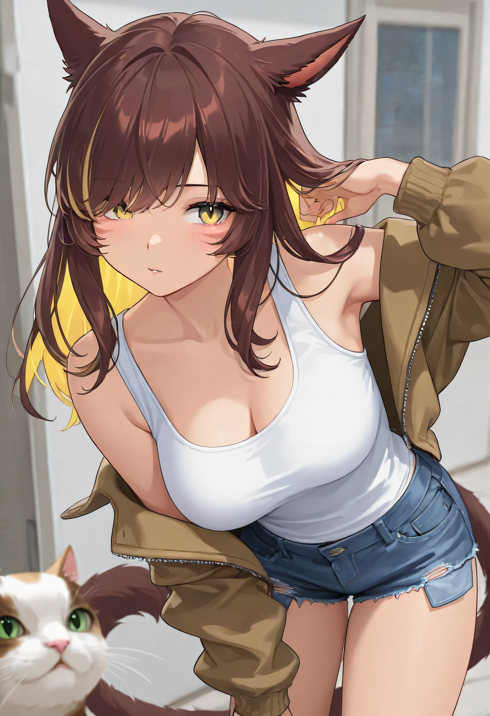 masterpiece,1girl, colored inner hair Brown hair Yellow hair, cat_ears, , inner tank top, jacket ,Hair on one eye, Long hair tips, Miqo'te, damage short denim 